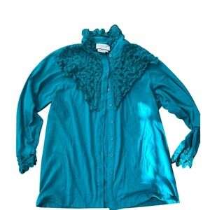 Judith Crosby for QVC Teal Blue Crochet Lace Yoke Button Down Blouse Vintage L
